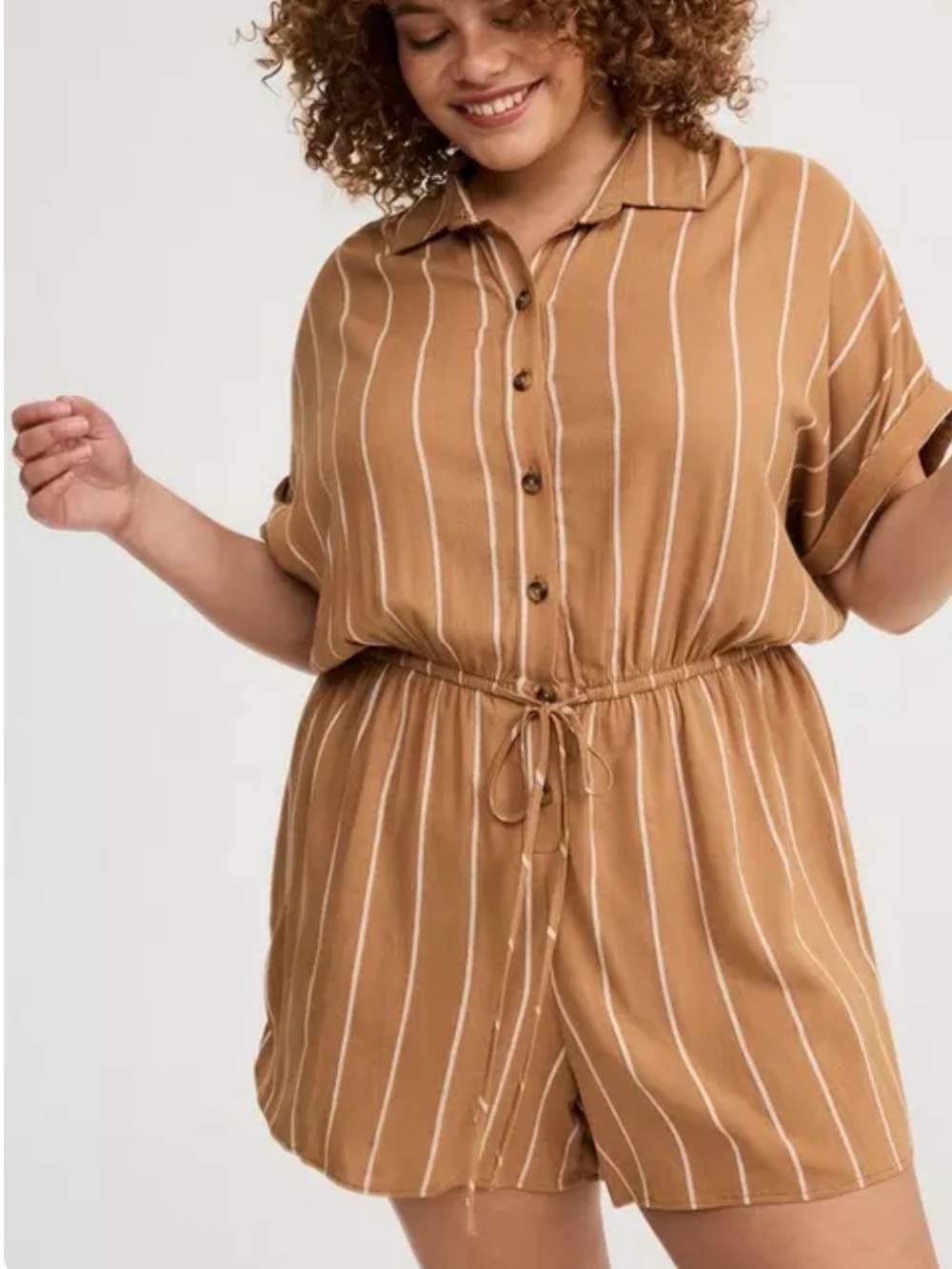 Torrid Plus Size 3 3X Brown Striped Dolman Sleeve Shirt Romper Button Front